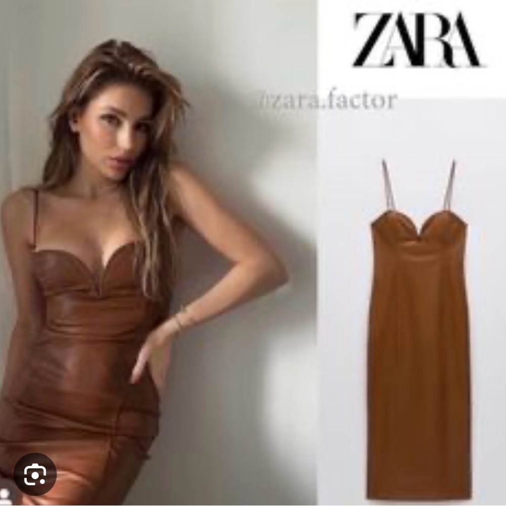 Zara Strapless Leather Brown Dress M